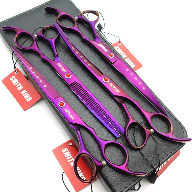 Smithking 7.0in Professional Pet Grooming Scissors set,Straight & Thinning & Curved scissors 4pcs set for Dog grooming (Violet) - Image 1